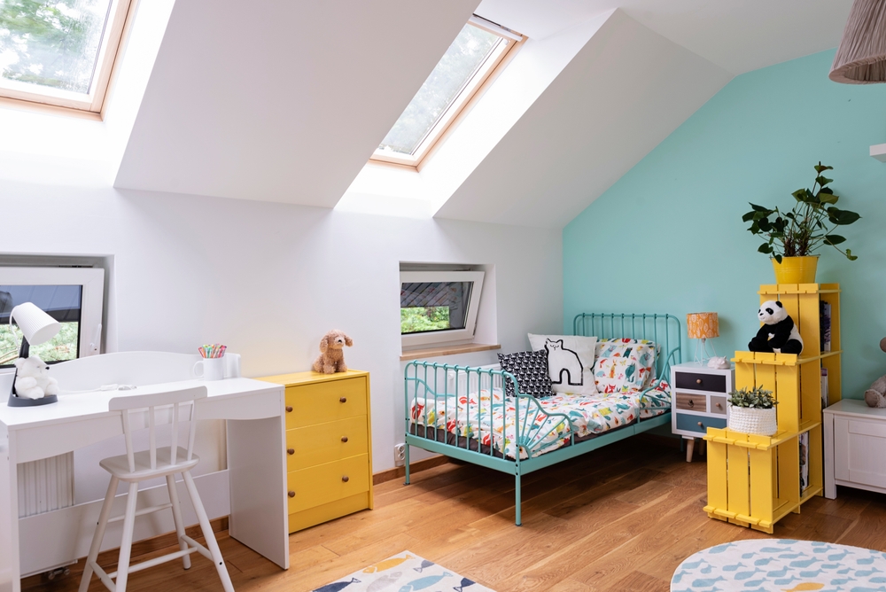 Child,Room,In,Modern,Design,In,The,Attic,With,Window.